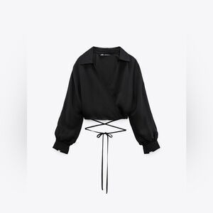 NWT Zara Satin Wrap Long Sleeve Cropped Blouse